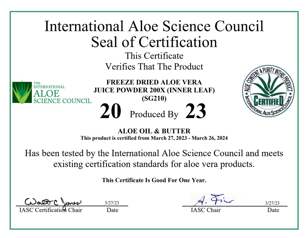 International Aloe Science Council Certification for Freeze Dried Aloe Vera Juice Powder 200X