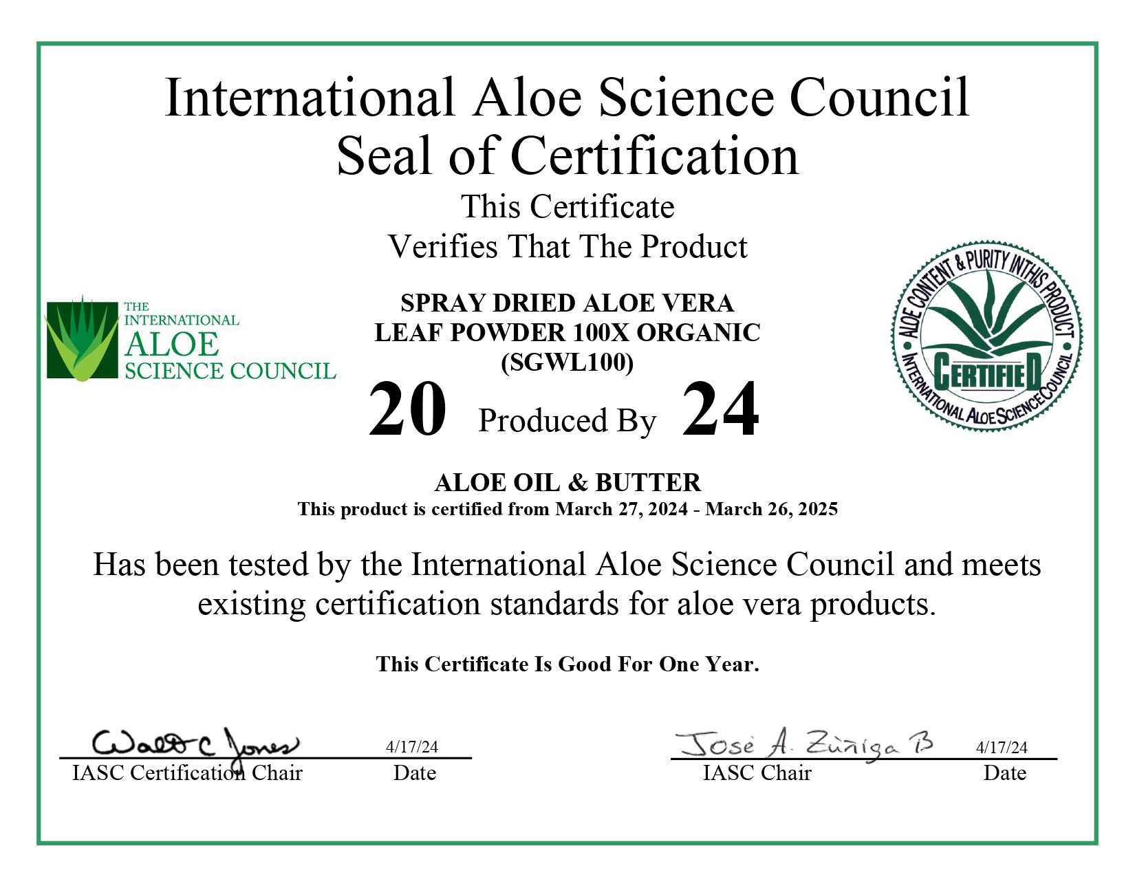 International Aloe Science Council Certification for Spray Dried Aloe Vera Leaf Powder 100X